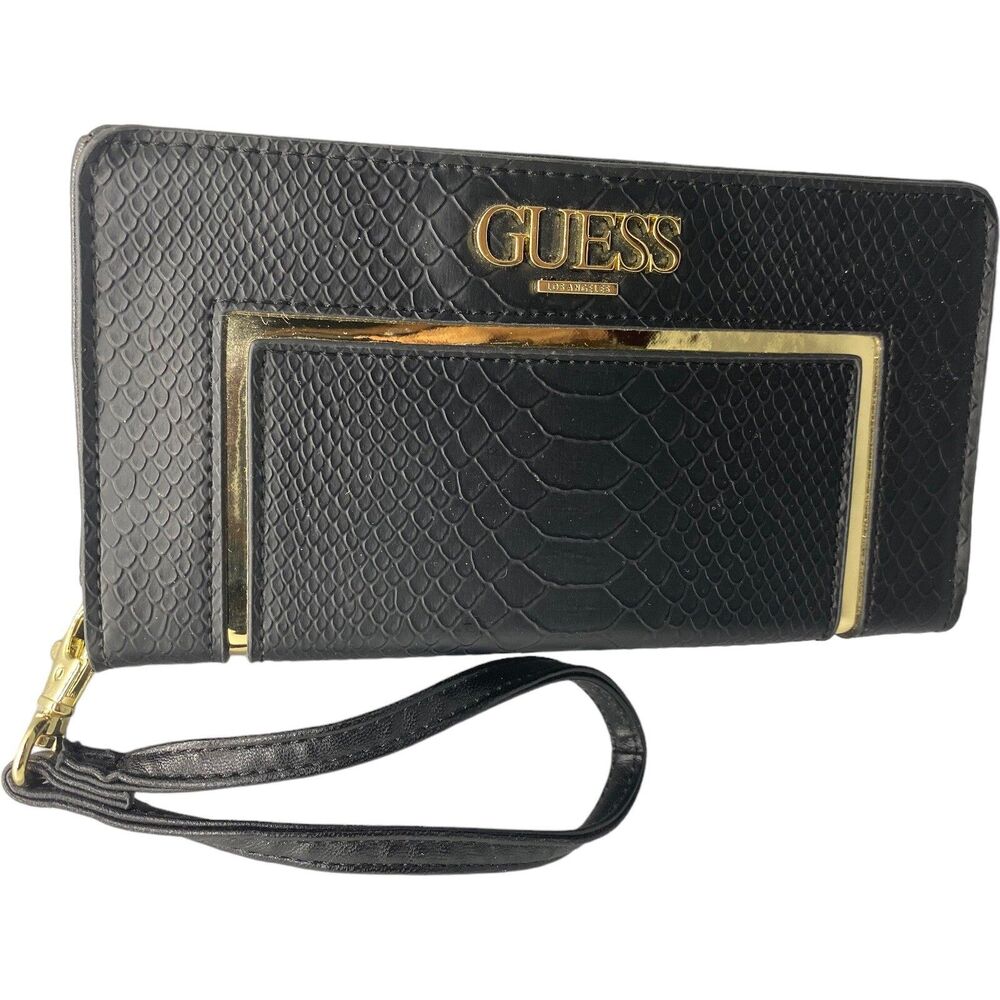 Guess USA Women's Black Snake Wristlet Wallet Sleek Classy EUC